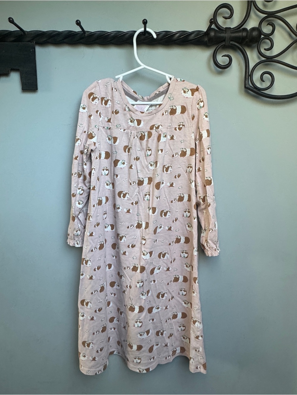 Mini Boden Girls' Pink Long-Sleeve Cotton Nightgown with Guinea Pig Print 6-7